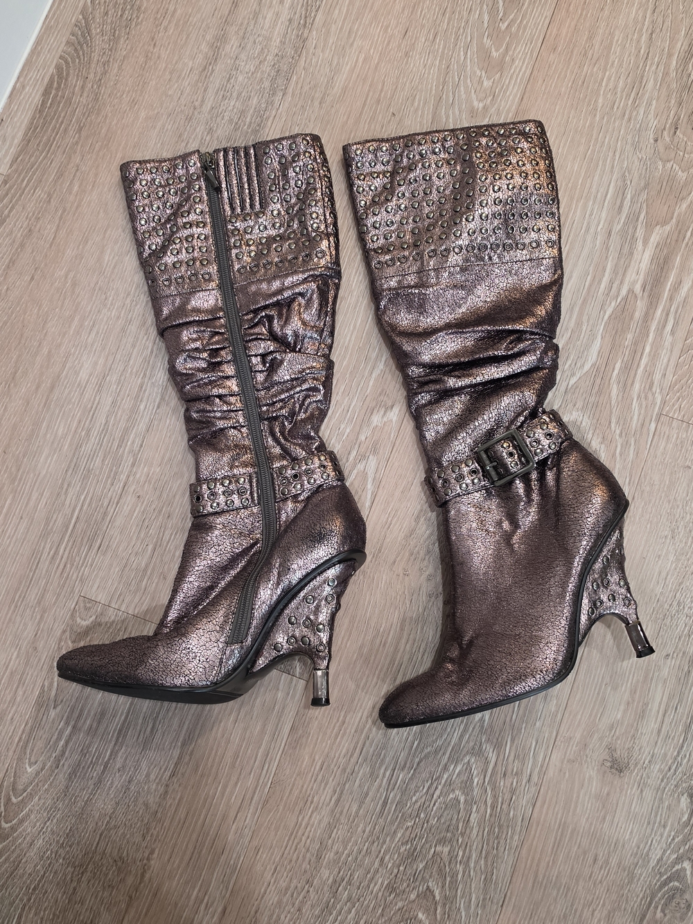 Metallic Bronze Studded Mid-calf Heeled Boots